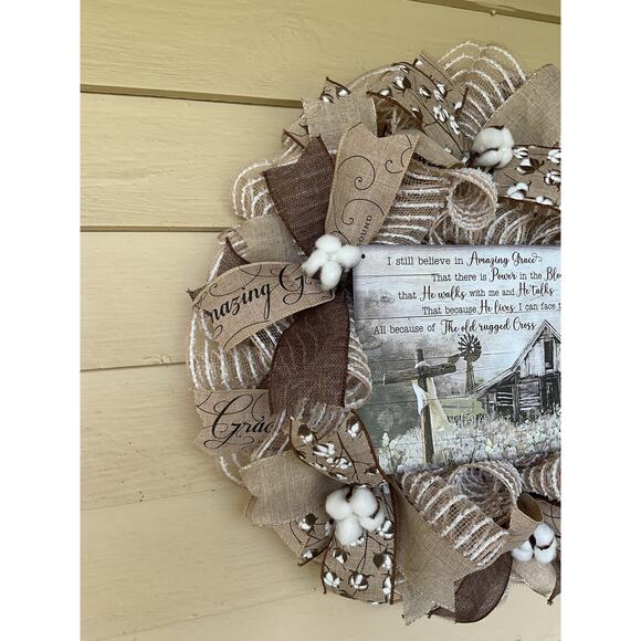 Farmhouse Religious Wreath – Neutral Amazing Grace Old Rugged Cross Decor - Picture 4 of 5
